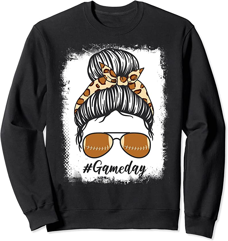 Bleached Leopard Print Messy Bun Game Day Football Mom Sweatshirt