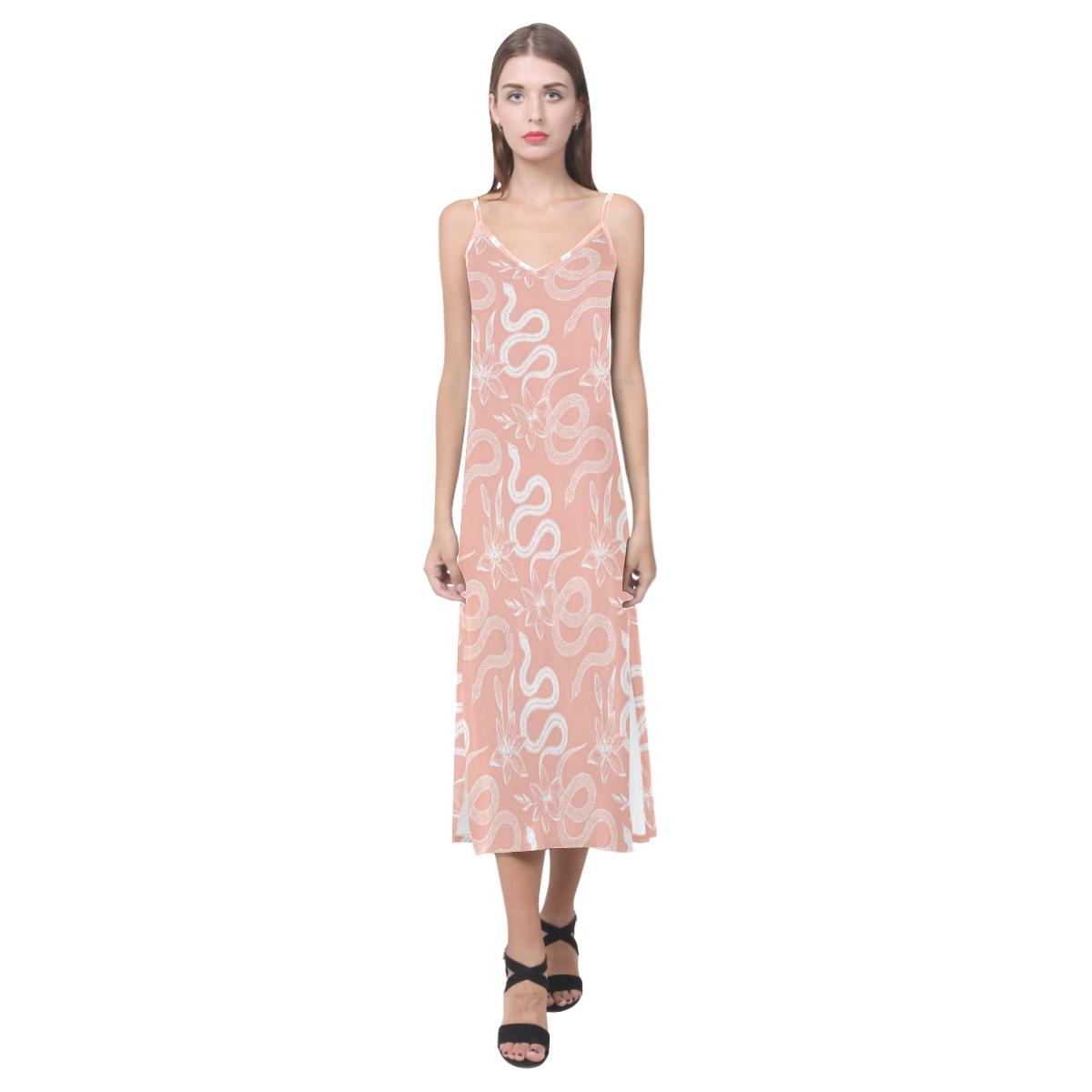 Snake lilies flower pattern V-Neck Open Fork Long Dress