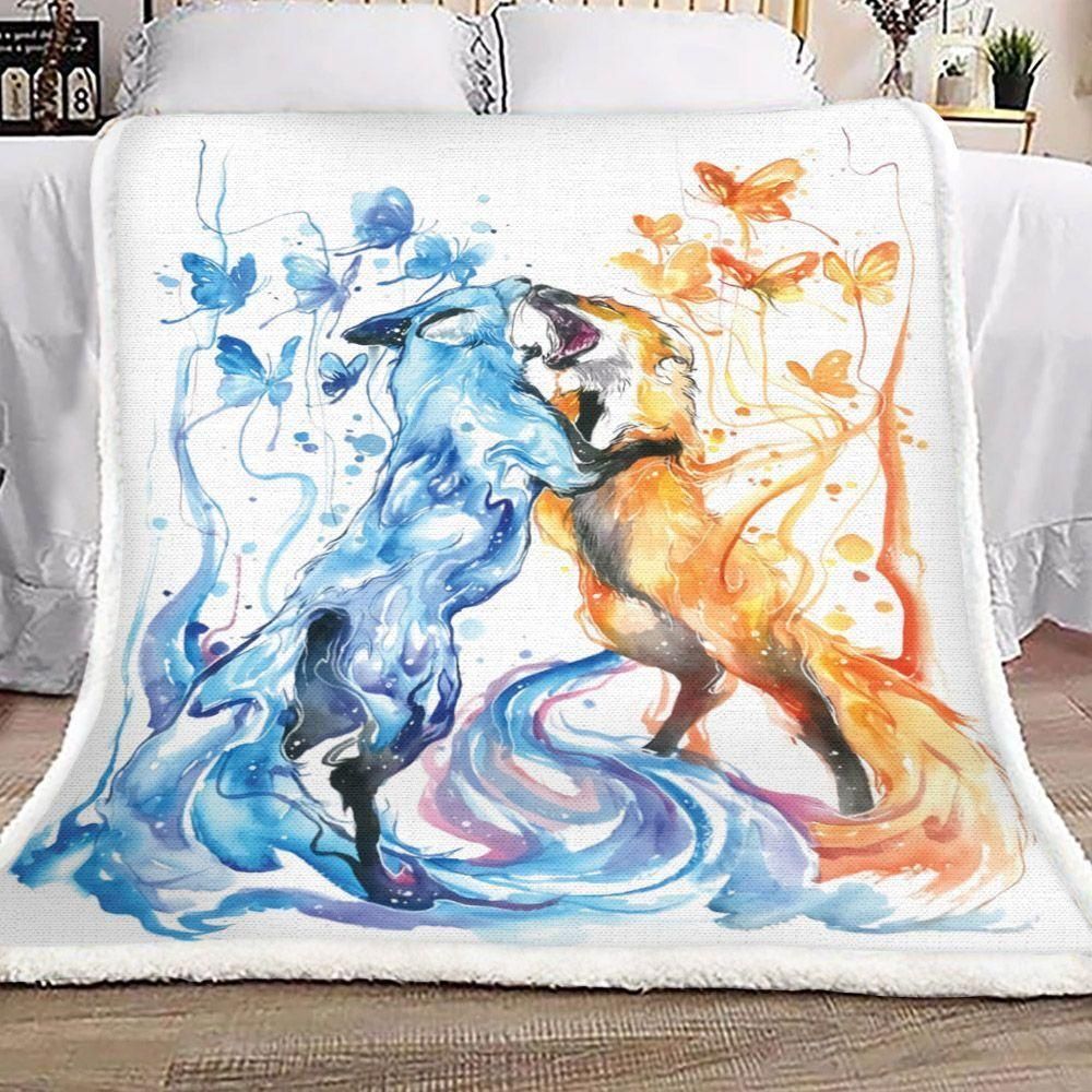 Blue And Orange Fox Beautiful Texture Fleece Blanket, Sherpa Blanket, Gift For Aunt Gift For Parent, Family Member, Friends Gift, Christmas Gift, Home Decor, Home Living