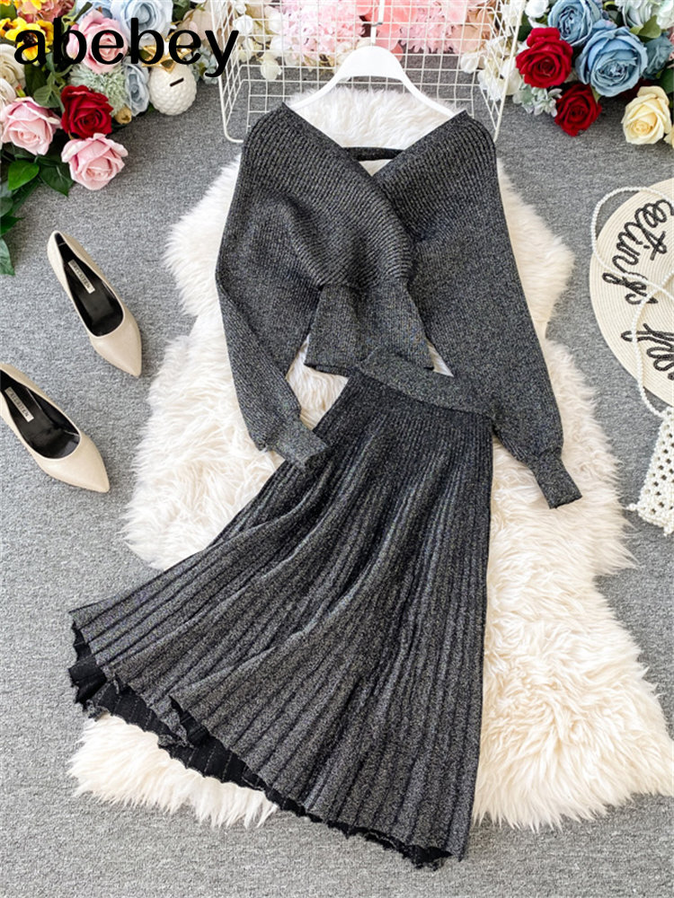 Two Piece Set Women Skirts Long Sleeve Crop Tops+A Line Skirt 2 Piece Set women Women Sweater+Knitted Skirt Set Winter Suit alx