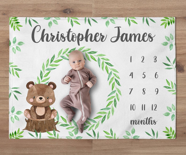 Woodland Milestone Blanket, Custom Bear Milestone Blanket, Woodland Animal Nursery, Baby Shower Gift, Personalized Eucalyptus Baby Blanket