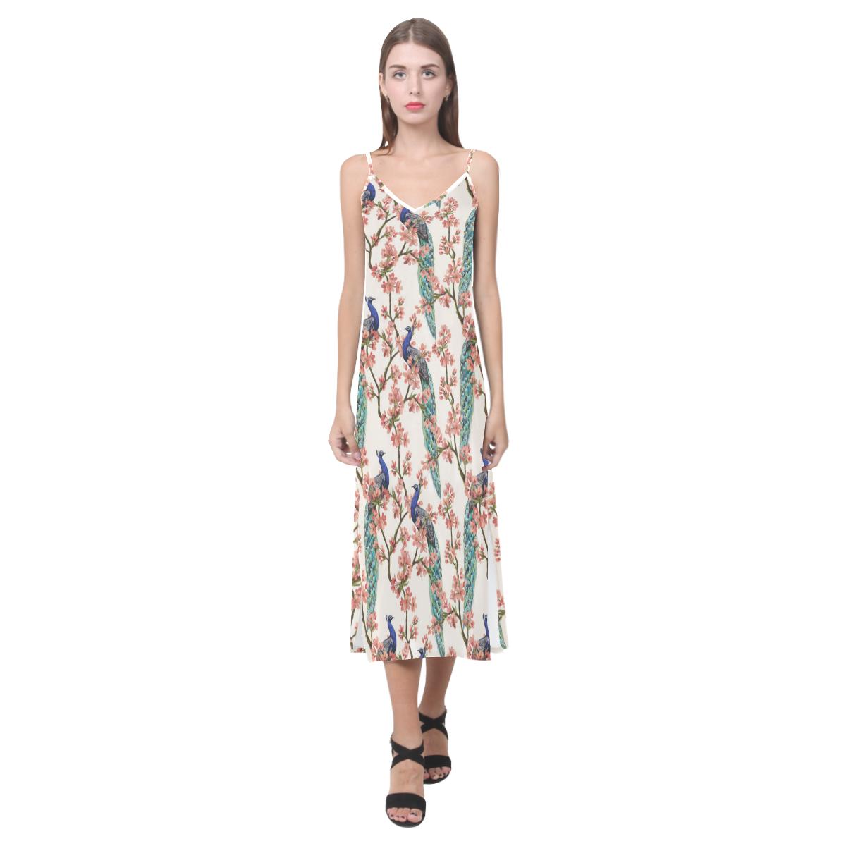 Peacock tropical flower pattern V-Neck Open Fork Long Dress