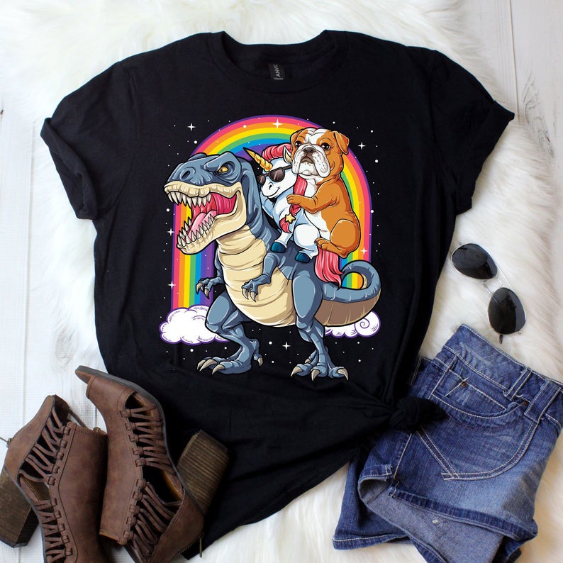 Funny English Bulldog Unicorn Dinosaur Rainbow Gift Dog Lovers Cotton T-Shirt