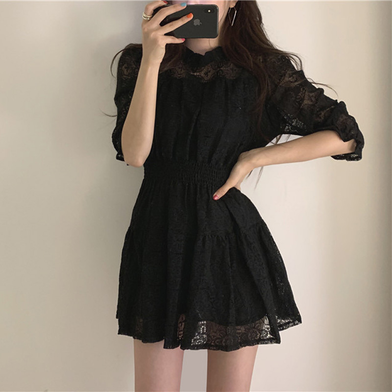 ANOEASA Elegant Sweet Lace Dress Women Fashion Party Night Collect Waist Dresses Korean O-neck Half-sleeve Kawaii Mini Dress alx