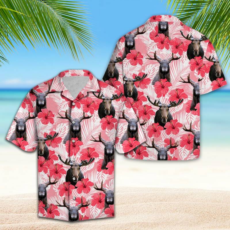 Moose Tropical Flowers Hibiscus Hawaiian Shirt Ha53875