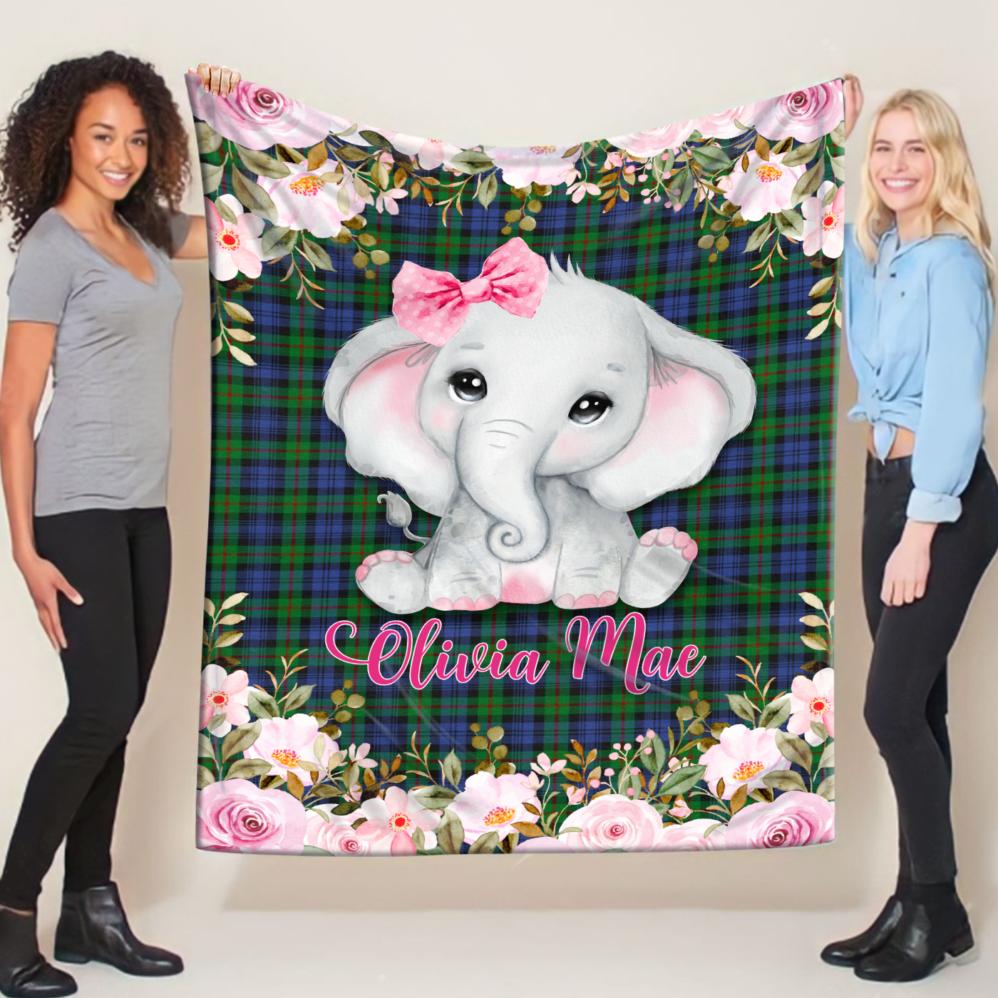 Personalized Baby Blankets, Custom Name Baby Blankets For Girls, Floral Baby Elephant Baby Blankets, Elephant Baby Blanket Ltp01