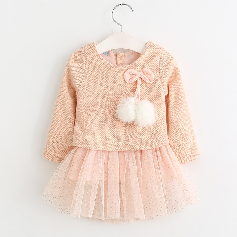 autumn kids dresses for girls Long sleeve baby girl dress knitted ball net yarn belle princess dress alx