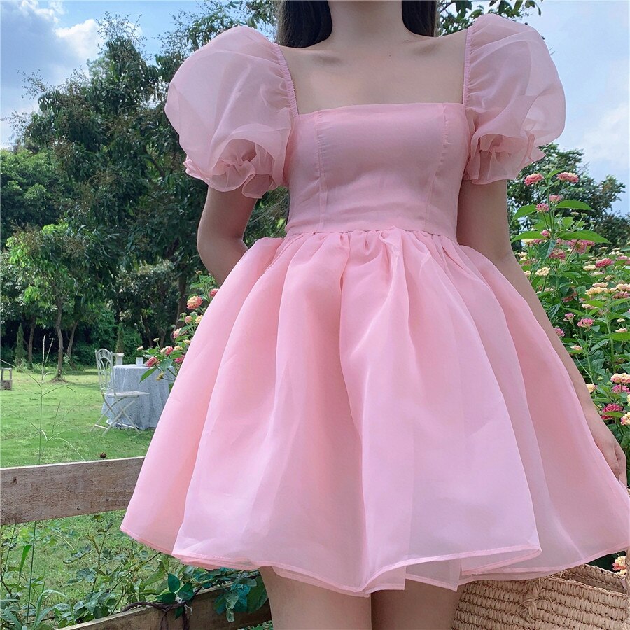 Woman Sweet Pink Dress 2021 Summer Retro Elegant Square Collar Puff Sleeve Fluffy Dress Korean Organza Mini Princess Dress alx