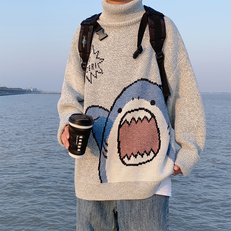 2022 Winter Men Turtlenecks Shark Sweater Men Patchwor Harajuku Korean Style High Neck Oversized Grey Turtleneck Pullover Men alx