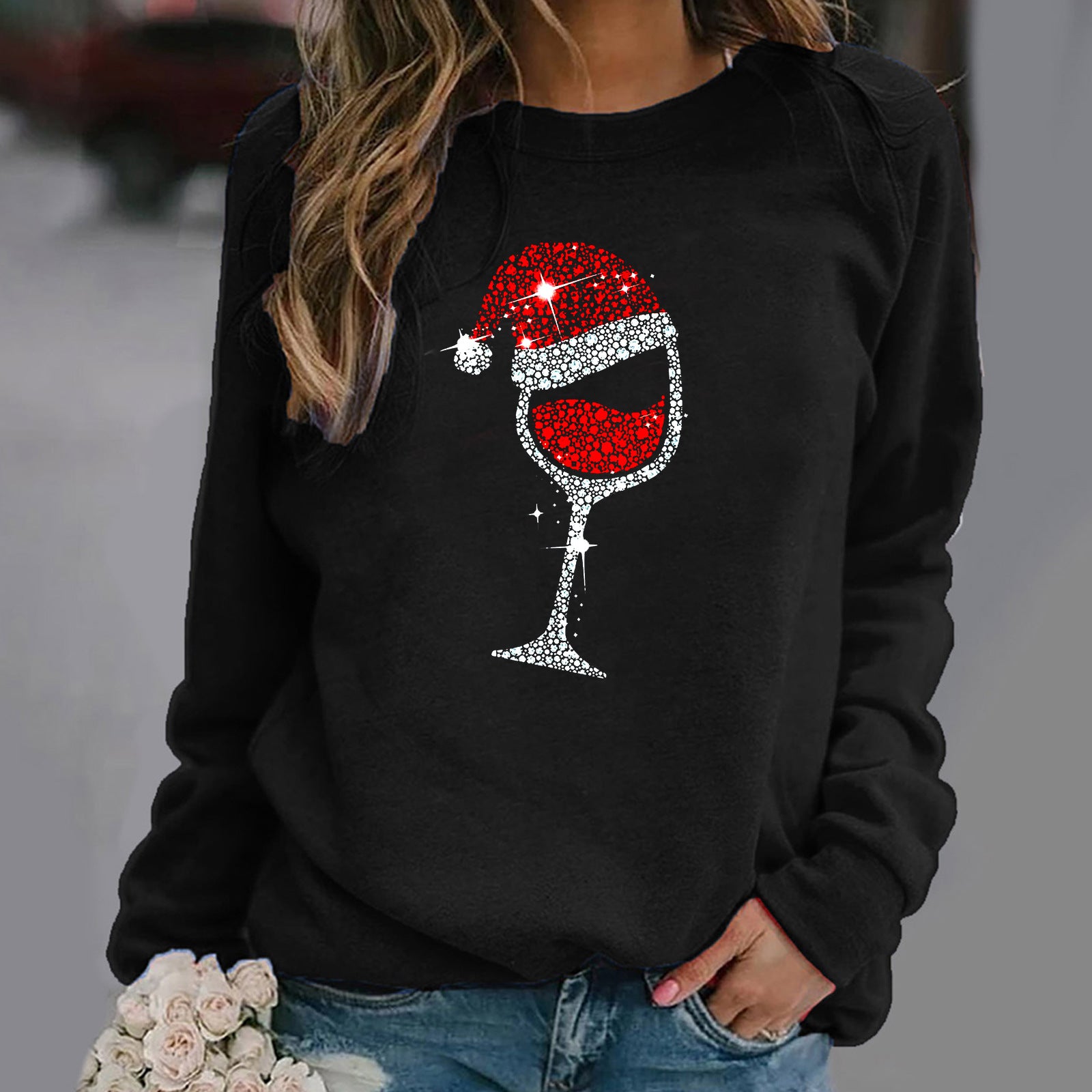 Christmas Wine Glass Graphic Print Long Sleeve Crewneck Sweatshirt