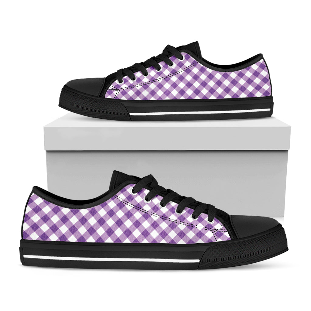 Violet And White Gingham Pattern Print Black Low Top Shoes