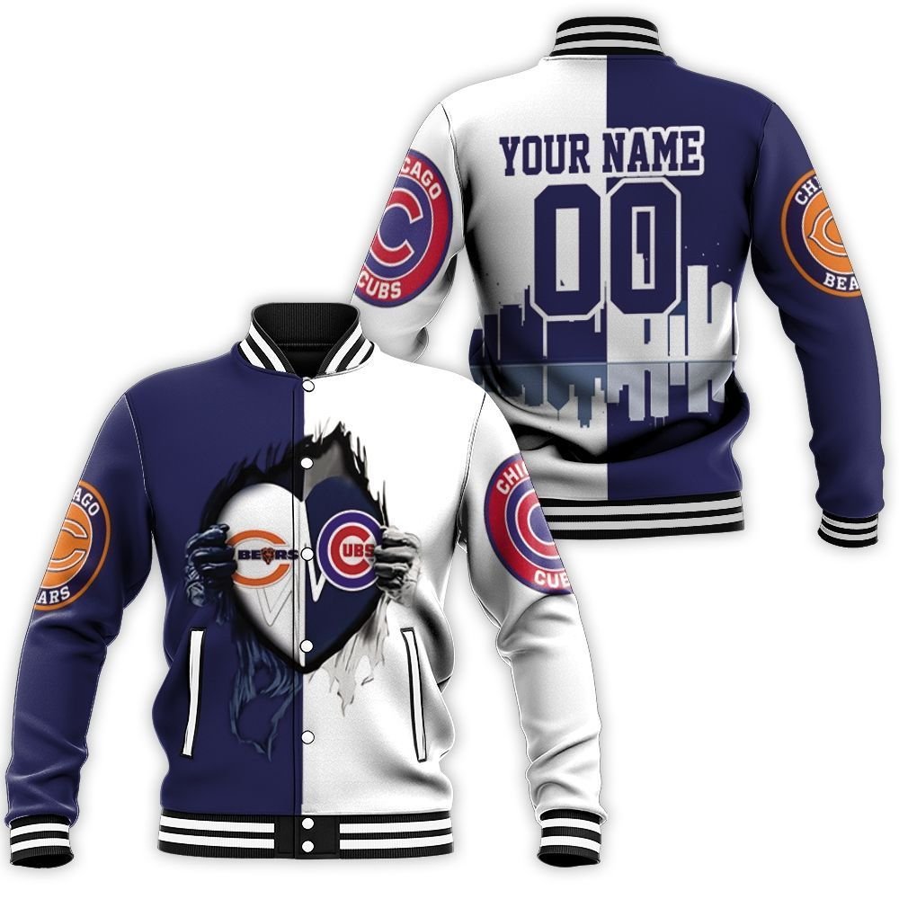 Personalized Chicago Bears And Chicago Cubs Heartbeat Love Ripped 3D Baseball Jacket