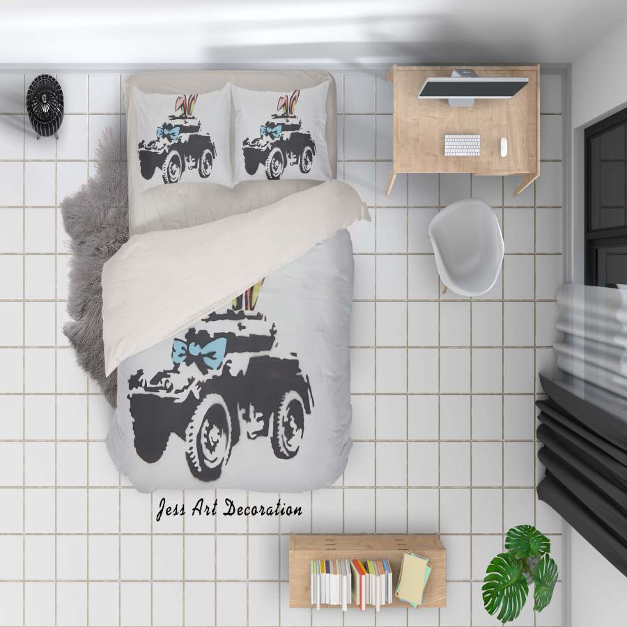 3D Banksy Armoured Car Pink Rabbit Ear Quilt Cover Set Bedding Set Pillowcasesn  ZY D2