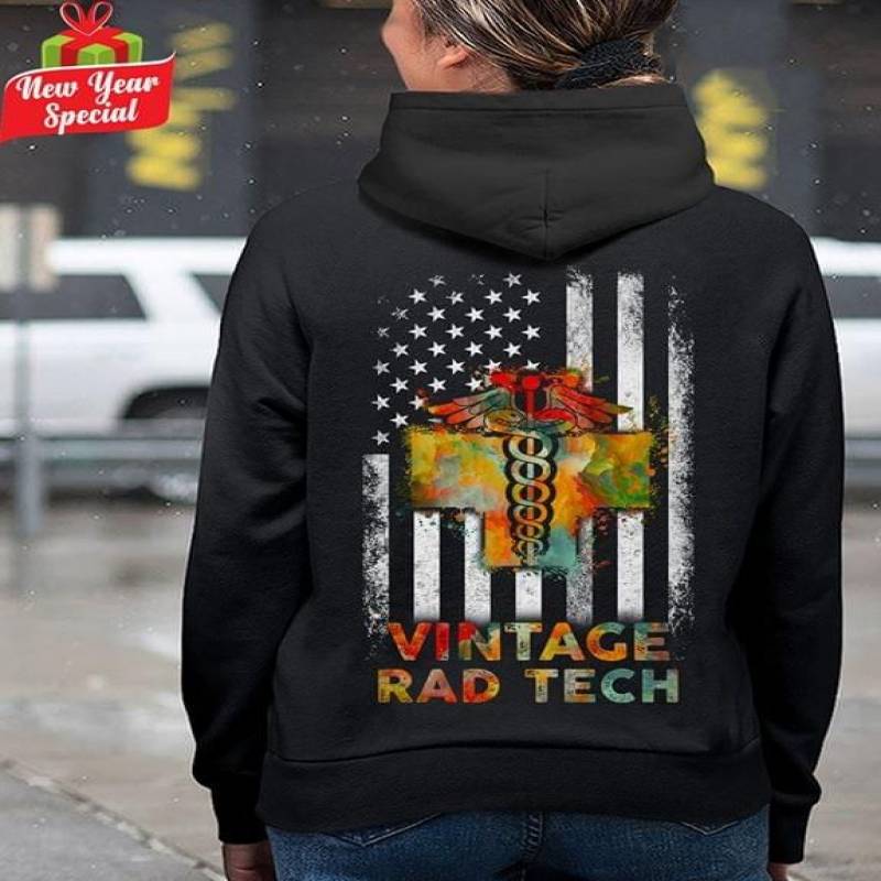 Vintage Rad Tech The Flag Of United States Of America Caduceus Hermes’ Staff Radiologic Technology Medical Cross Cool Gift For Rad Techs Black Unisex Hoodie S-5Xl