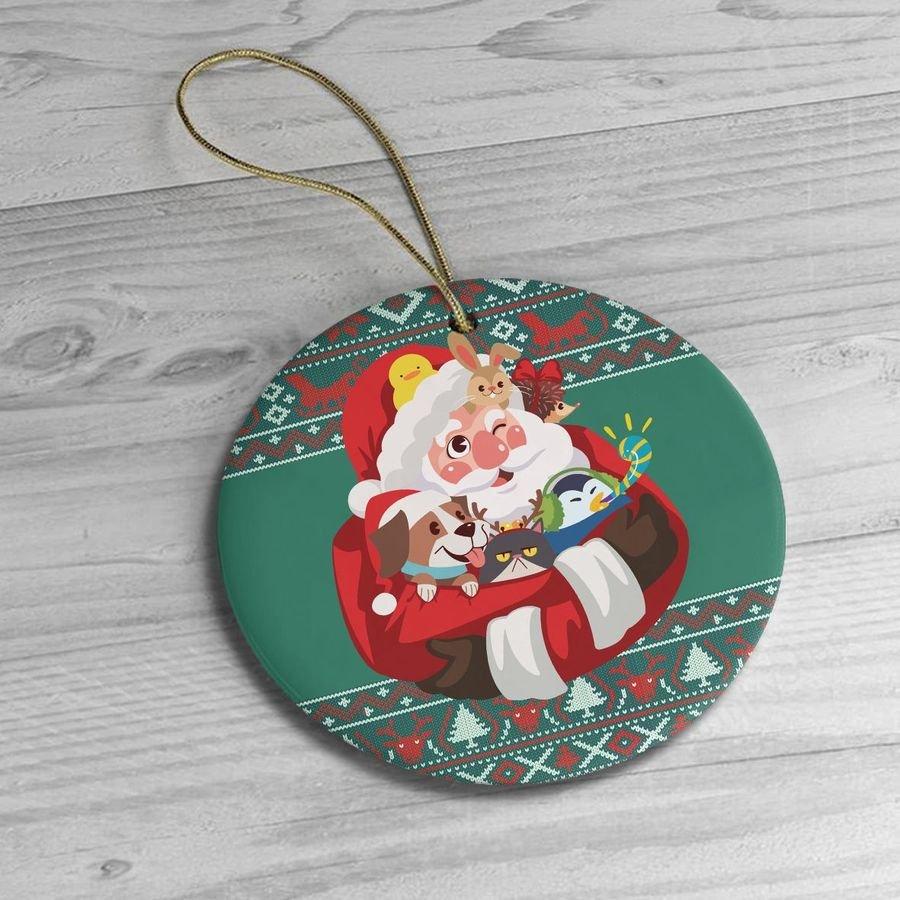 Santa Claus And Cute Animals Circle Ornament, Christmas, Santa Claus, Animal Lovers Ornament