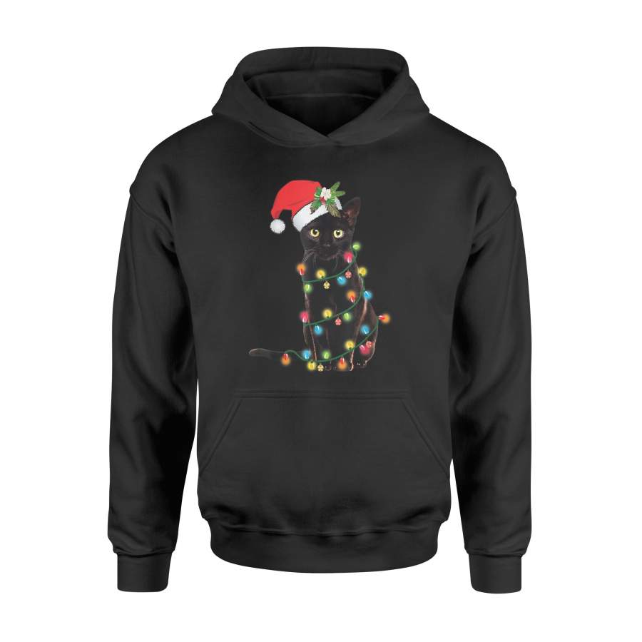 Black Santa Cat Tangled Up In Lights Christmas Santa T-Shirt – Standard Hoodie