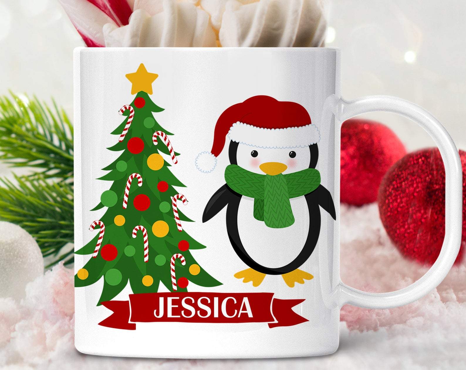 Pesonalized Name Kids Penguin Christmas With Xmas Tree Santa Hat Lightweight Unbreakable Kids Bpa Free Mug White Ceramic 11-15Oz Coffee Tea Cup