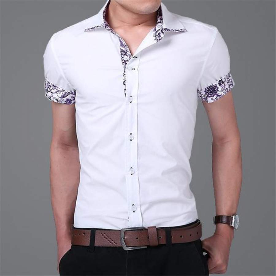 Summer Shirt Social Turn-down Collar Slim Fit Printed Men Shirts Fashion Floral Stitching Short Sleeve Casual Shirt