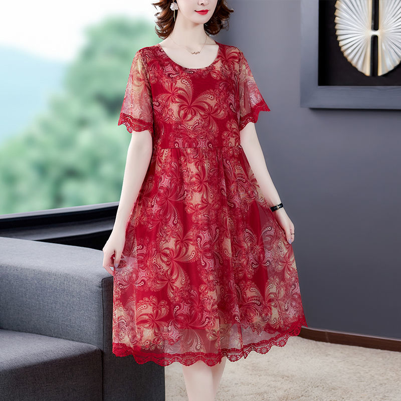 2022 New Summer Middle Aged Women Loose Midi Mesh Dress Female Casual Printing Floral Vintage Dresses Vestidos Y809 alx