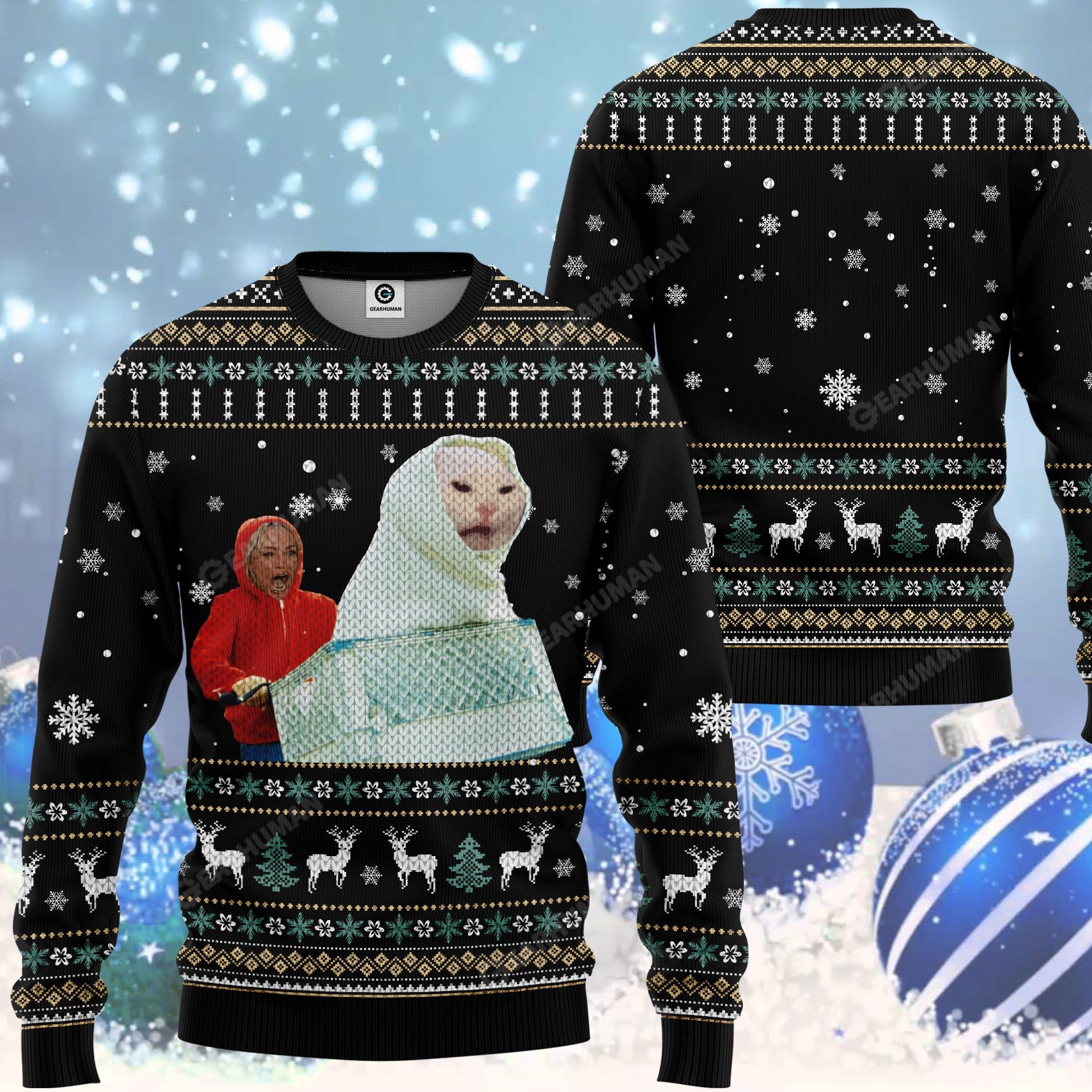 3D Woman Yelling At A Cat Ugly Sweater Christmas Gift For Couple