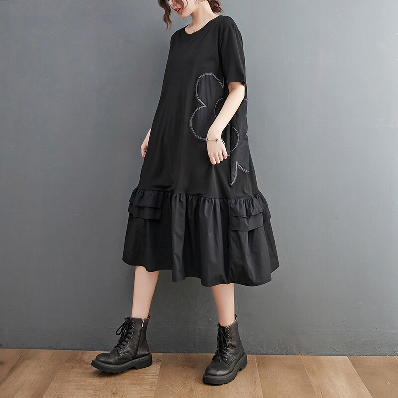 2022 New Arrival Japan Style Embroidery Floral Ruffle Street Fashion Chic Girl’s Black Summer Dress Women Casual Midi Dress alx