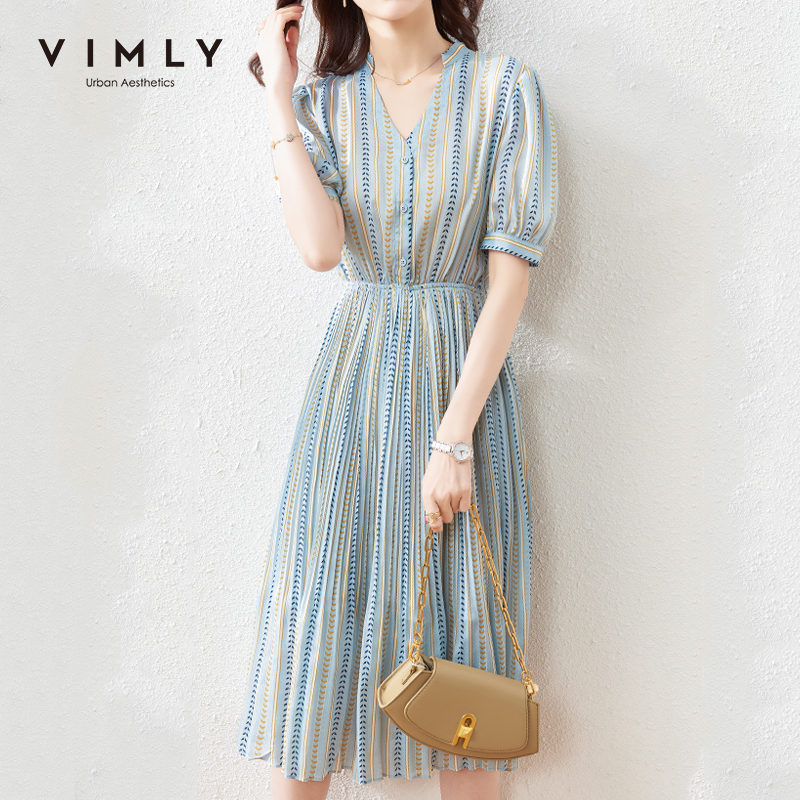 VIMLY New Summer Women Floral Dresses Fashion V Neck Buttons Maxi Dress Elegant Elastic Waist Short Sleeve Vintage Dresses F7570 alx