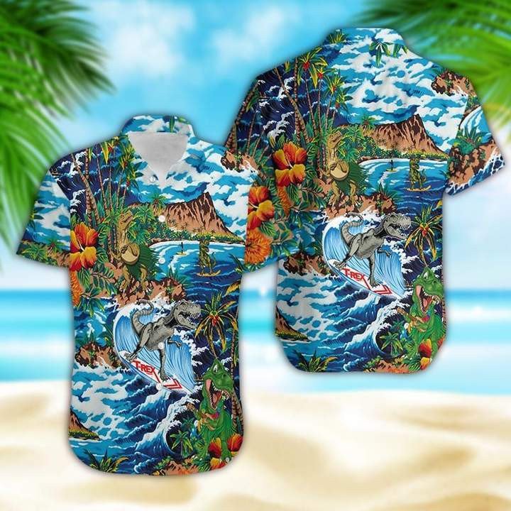 Funny Dinosaur Surfing On Tropical Island Hawaii Shirt Unisex Adult Ha5675