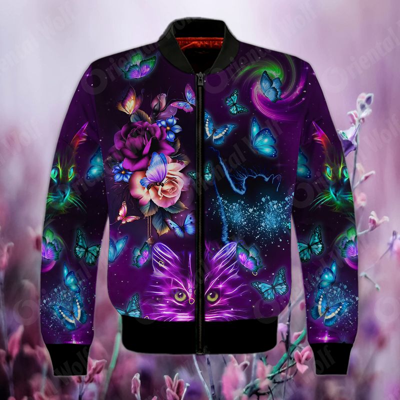 Purple Butterfly Kitten Fairies Starry 3D Full Print Bomber