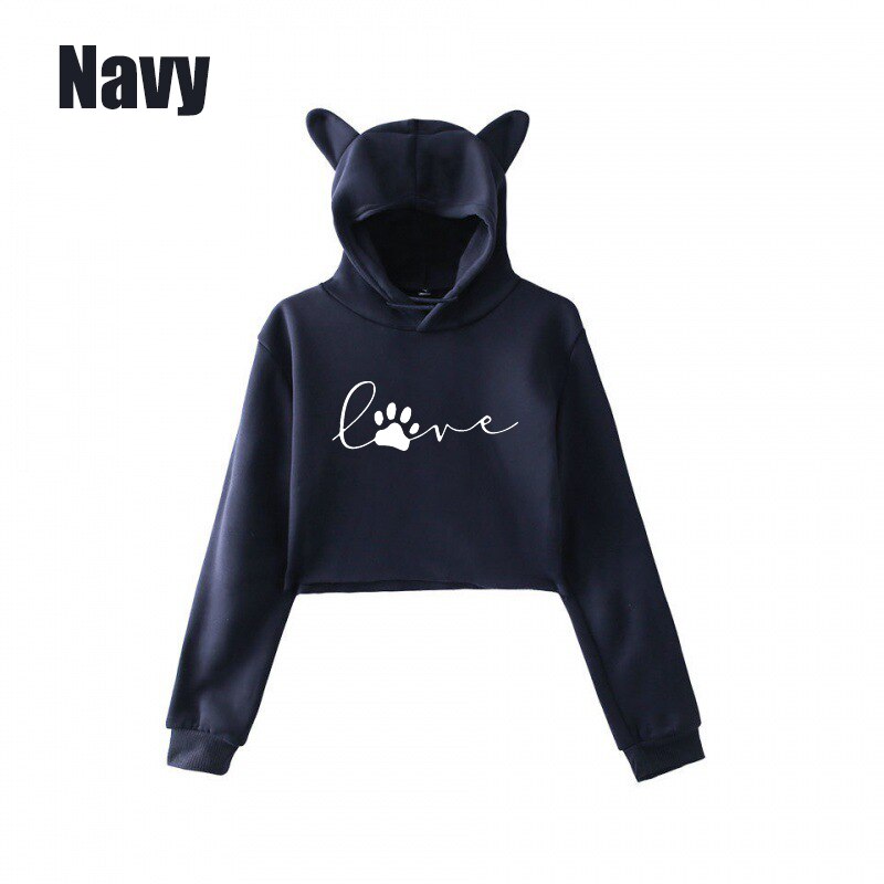 Women Short Style Cute Cat Ears Hat Hoodie Tops Young Girl Casual Cropped Hooded Pullover Fashion Cat Paw Love Printed Sweater alx