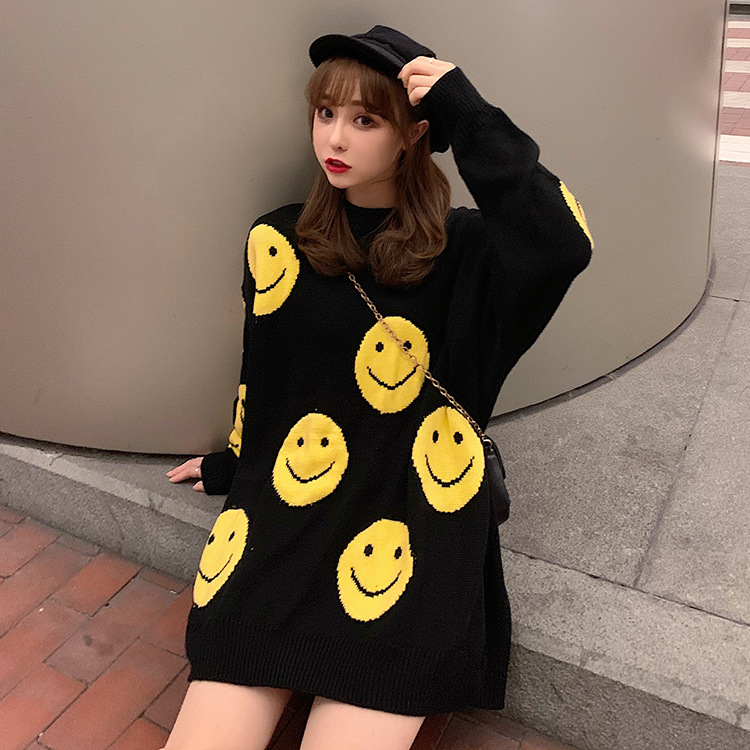 2021 Autumn Winter Woman Sweater Smile Pattern Loose Korean Stylish Women Warm Oversize Casual Knitted Pullover Jumper alx