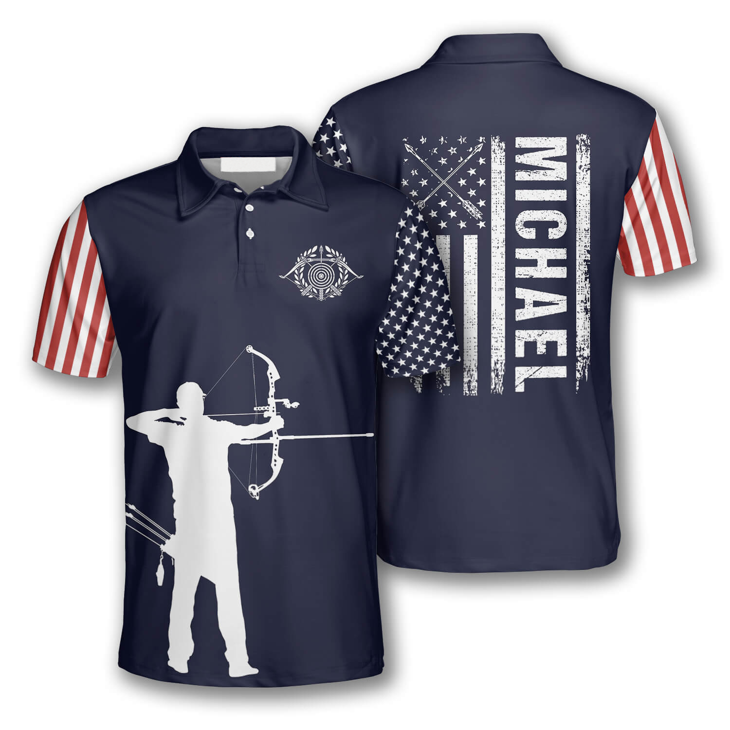 Archery Silhouette Flag Navy Blue Custom Archery Shirts For Men, Idea Gift For Archery Lover