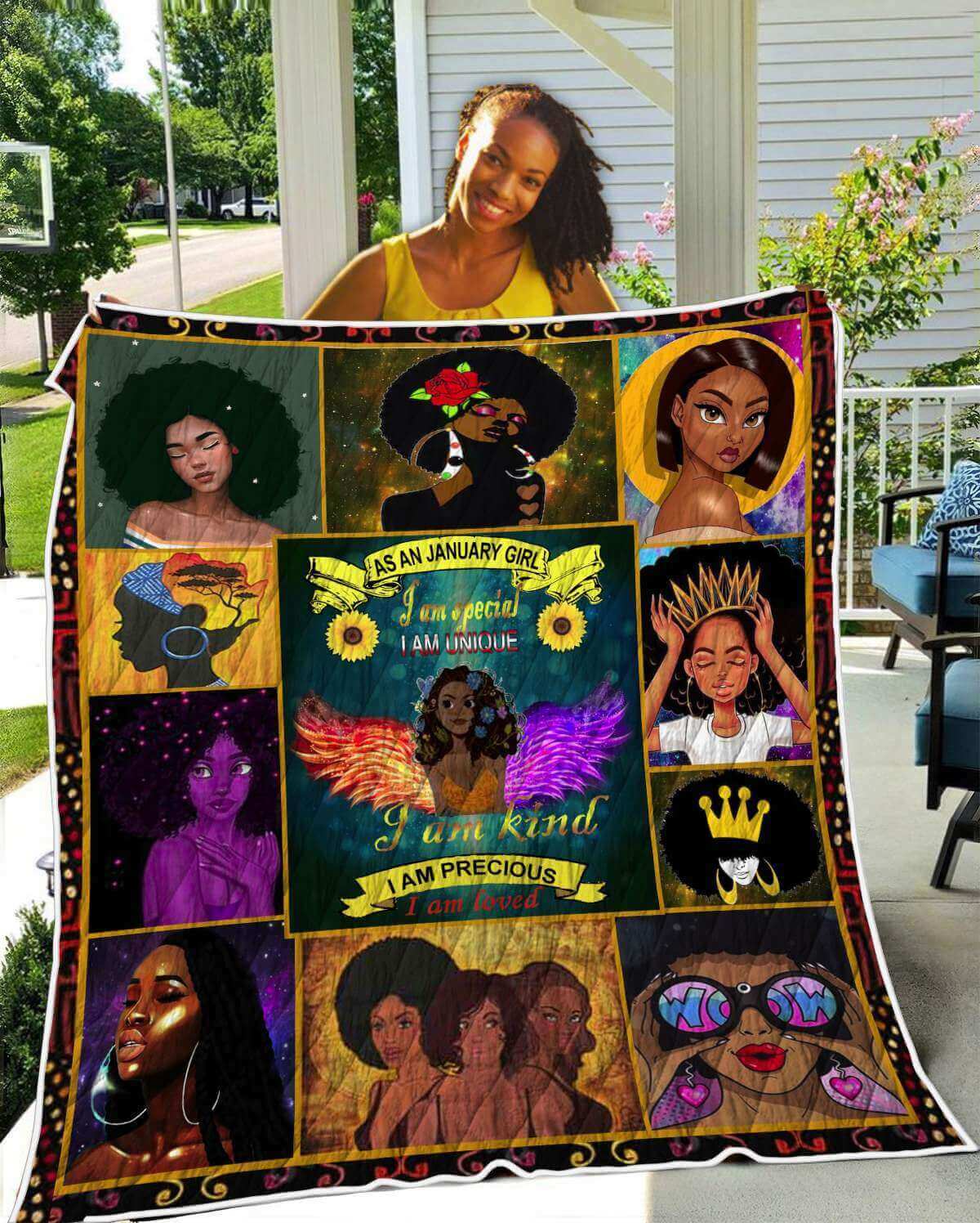 African Quilt Designs January Girl Special Unique Beautiful Melanin Afro Girl Afrocentric Themed Gift Idea WBG9795