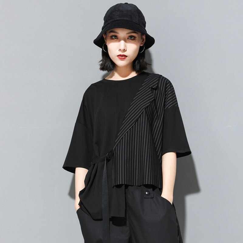 Women Black Striped Irregular T-Shirt 2022 Summer Fashion Patchwork O-Neck Short Sleeve Loose Casual Tee Shirt Tops Clothes alx