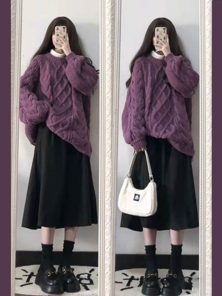 Xgoth Women Preppy Sweater Suit Autumn Grunge Purple Sweater + Female Autumn Winter Skirt Two-piece Set Girly Sinple Streetwear alx