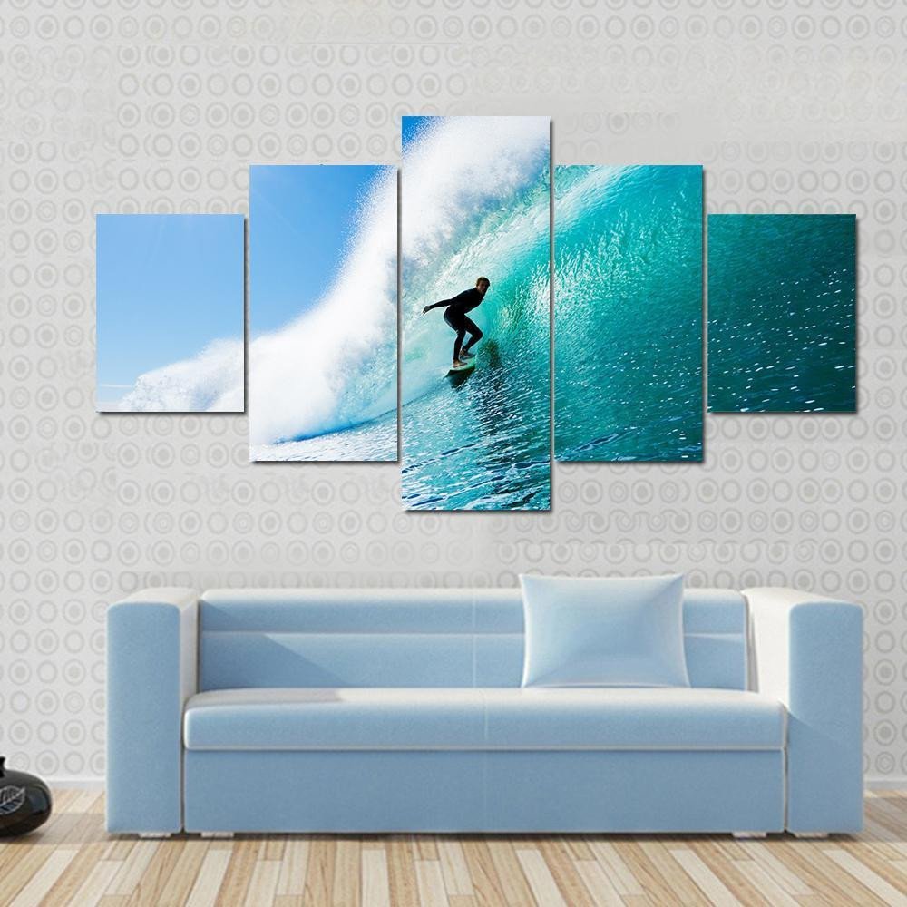 Surfer On Blue Ocean Wave Sport 5 Panel Canvas Art Wall Decor