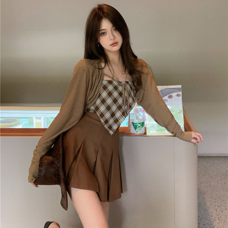 Women Suit Cardigan + Tank Camis + Plaid Skirt 3 Pieces Set Brown Skinny Clothes Slash Neck Spring 2022 Kawaii Sexy Female Suits alx