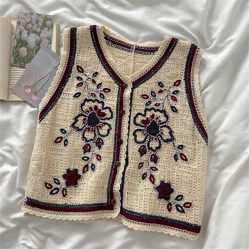 2022 New Fashion Boho Clothing Retro Vintage Floral Embroidery Bead Knitted Vest Women Sleeveless Jacket Waistcoat Short Coat alx