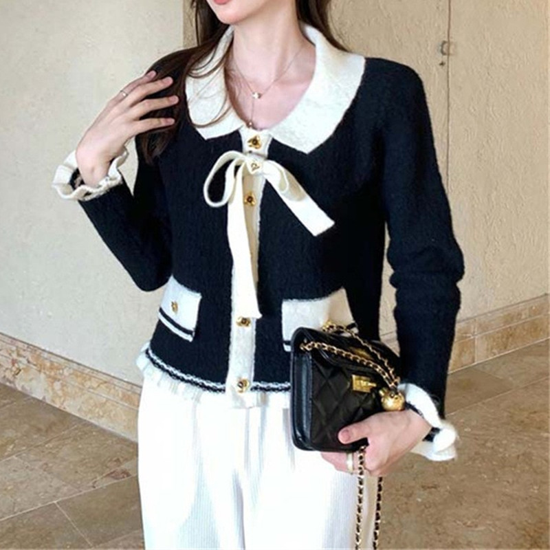 Women’s Black Cropped Cardigan Slim Retro Jumpers Bow Sweet Gentle 2022 Spring Women Sweaters Knitting Jacket Female Clothes alx