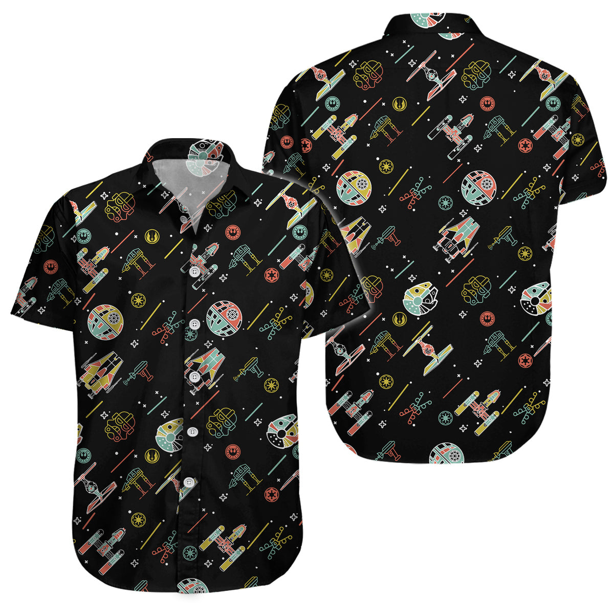 Space Battleships Vintage Retro Casual Button Down Short Sleeve Shirt, Tropical Hawaiian Shirt, Beach Holiday Gifts