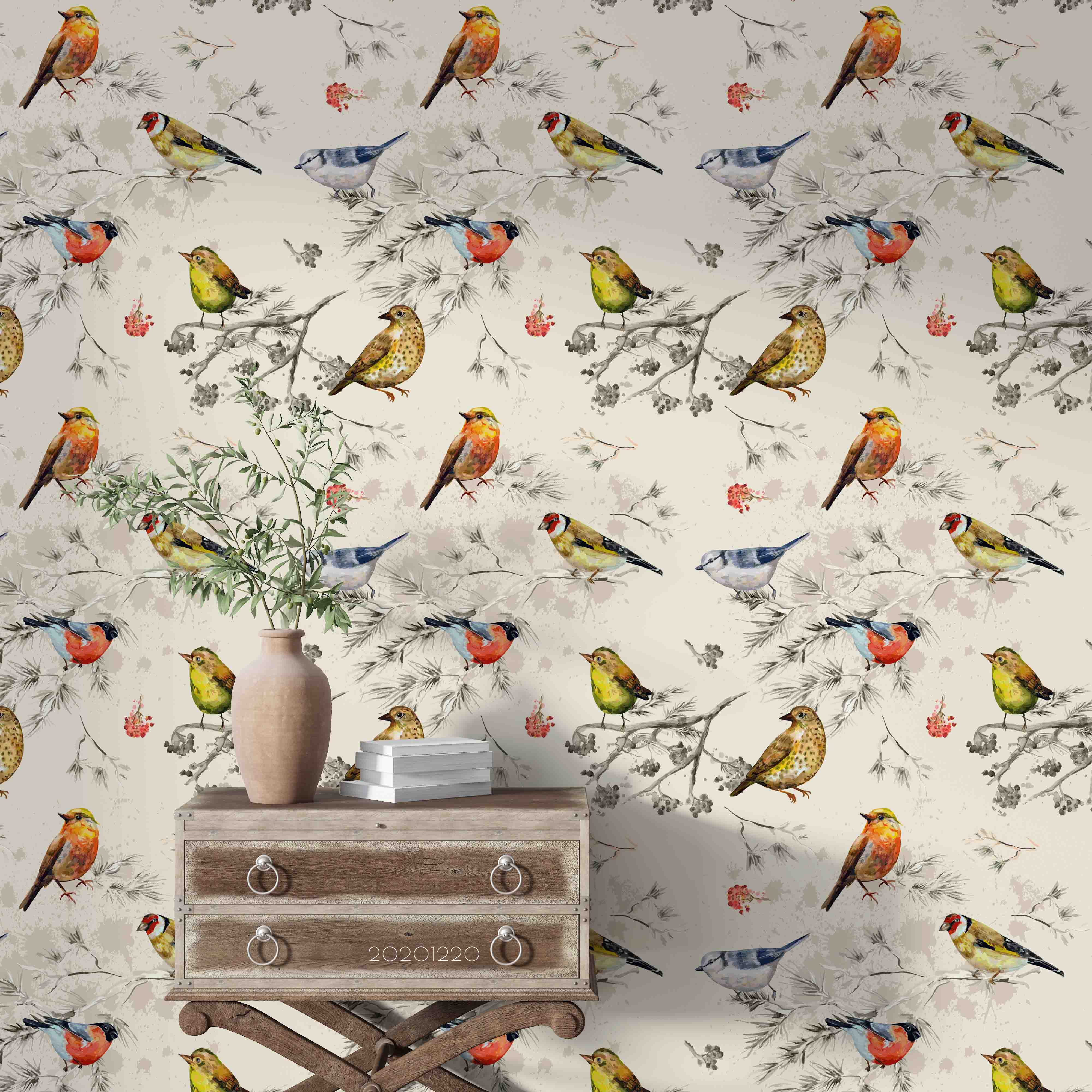 3D Hand Drawn Animal Color Bird Branch Wall Mural Wallpaper Lqh 80