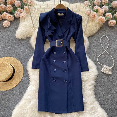 2022 Spring Women Suit Dress Jacket Double Breasted Belt Fashion High Waist Midi Long Dress Ladies Elegant Slim Party Dress alx