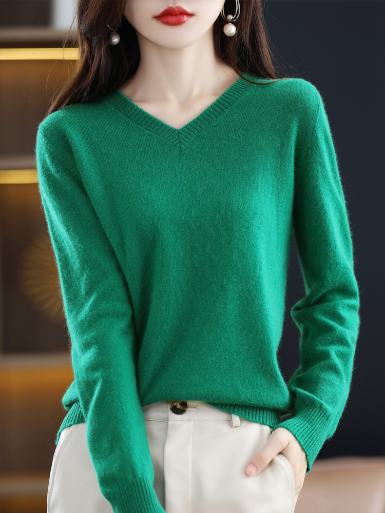 100% Pure Wool Cashmere Sweater Women’s V-Neck Pullover Autumn and Winter New Warm Tops Casual Knitted Bottoming Female Jackets alx