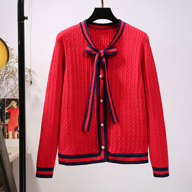 Xisteps Women Thick Knitted Cardigan Sweater Elegant Bow Tie Pearl Button O neck female Autumn Winter Coat Ladies Stripe Jacket alx