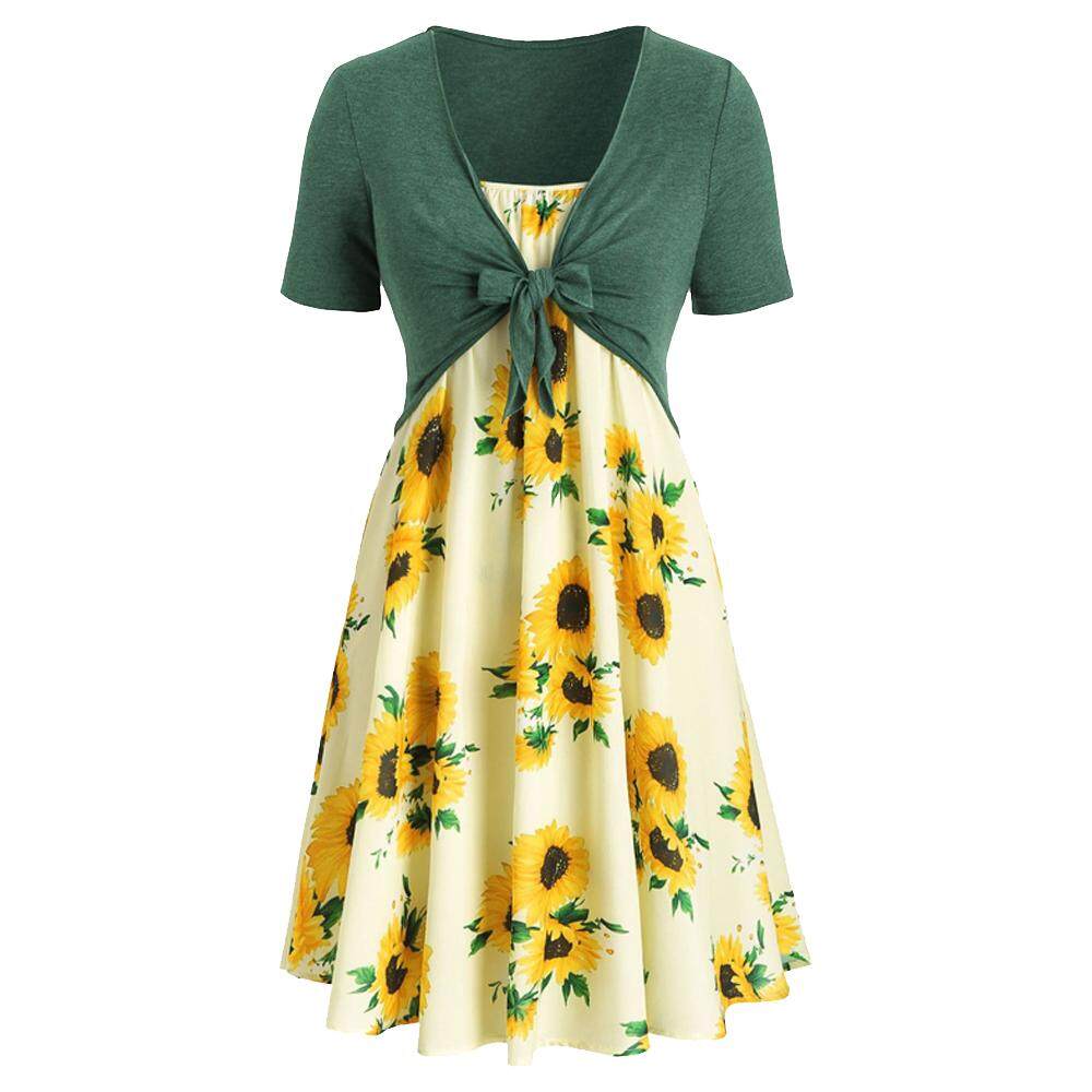 11 Two Piece Dress Women Fashion Summer Plus Size Sunflower Print Knotted Dress Female Short Sleeve Casual Party Dress alx