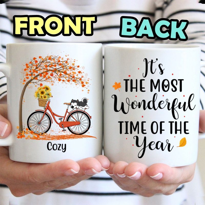 Personalized Mug, Dog Sleeping On Bicycle, Gift For Fall Lover, Dog Lover. Autumn Gift