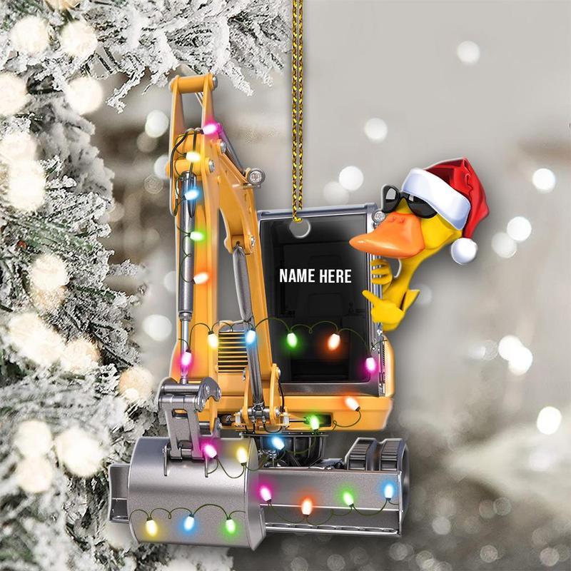 Heavy Equipment Yellow Duck And Small Excavator Personalized Flat Ornament