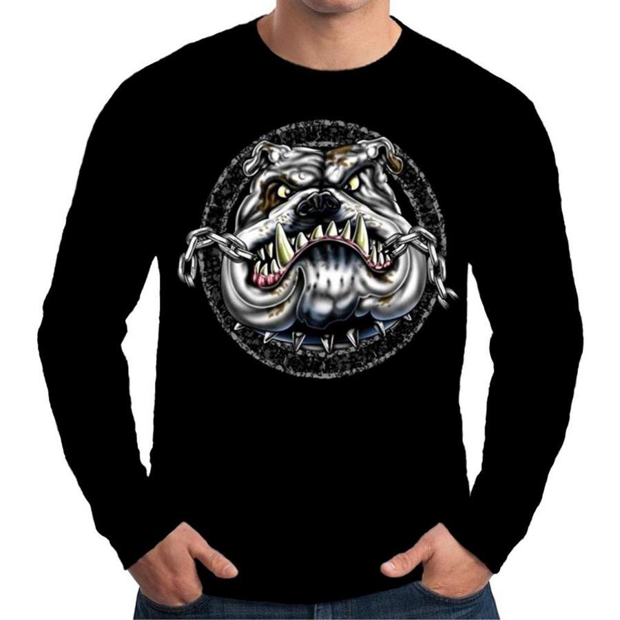 Personality T Shirt Mens Long Sleeve T Shirt Bulldog Chewing Chain Tees Men’s Funny T-shirt