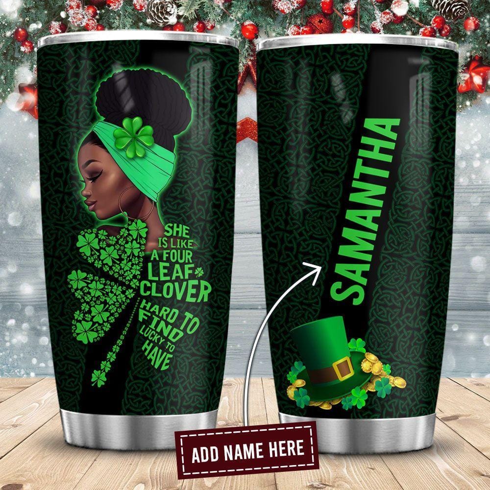 Personalized Melanin Women Stainless Steel Tumbler Afro Woman In Four Leaf Clover Patrick Custom Insulated Tumbler Pro Black Gift Ideas