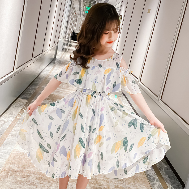 10 11 Year Old Children’s Clothing 2021 Summer New Korean Style Little Girl Fashion O-Neck Strapless Chiffon Princess Cute Dress alx