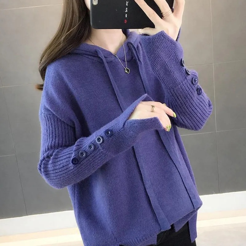 Casual Hooded Sweater 2021 New Autumn Winter Korean Style Women Loose Long Sleeve Tops Solid Button Knitwear Pullover Female alx